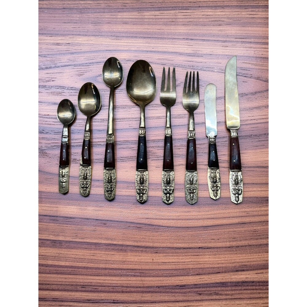 8-Piece Place Setting Mid-Century Bronze Rosewood Buddha Thailand Siam Vintage
